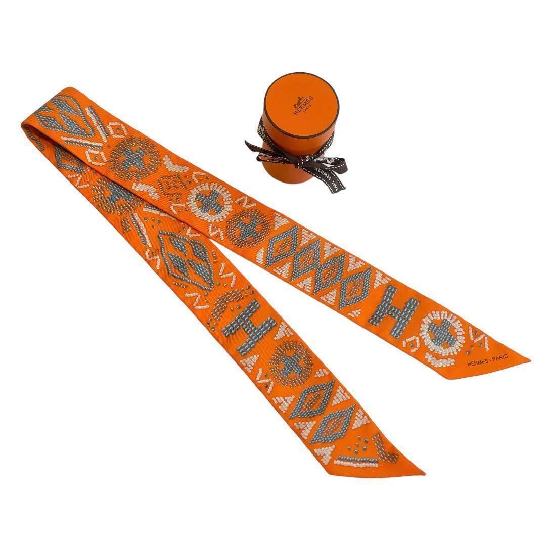 HERMES エルメス ツイリー ケリーアンペルル ふちどり オレンジ系 