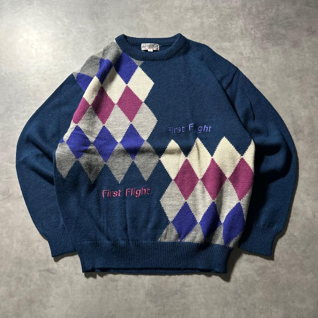 ヴィンテージ 総柄 チェック 切替 アートパターン レトロ ニット セーター