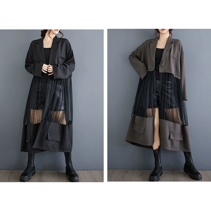 MESH STITCH A-LINE V-NECK LONG JACKET 2colors M-10635 | Magniraff