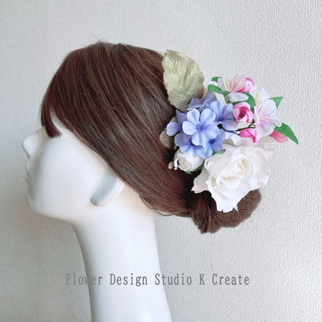白い薔薇と桜のブーケ風フローレス フラメンコ ダンス 髪飾り バラ 白 さくら サクラ 水色 ピンク ブーケ ダンス髪飾り