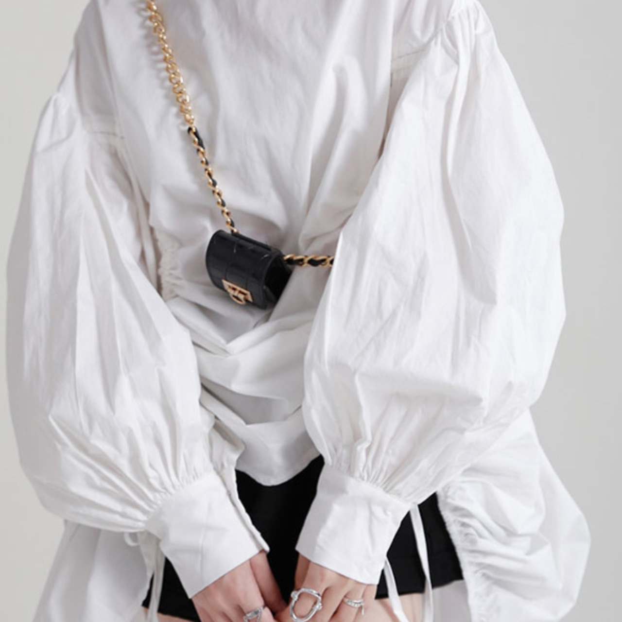 Lantern sleeve fluffy drawstring shirt(ME066)