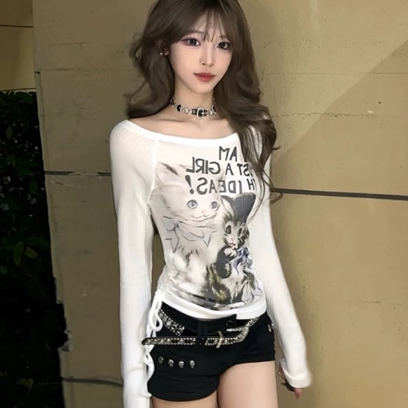 カットソー トップス 長袖 Tシャツ Y2K ショート丈 猫 キャット