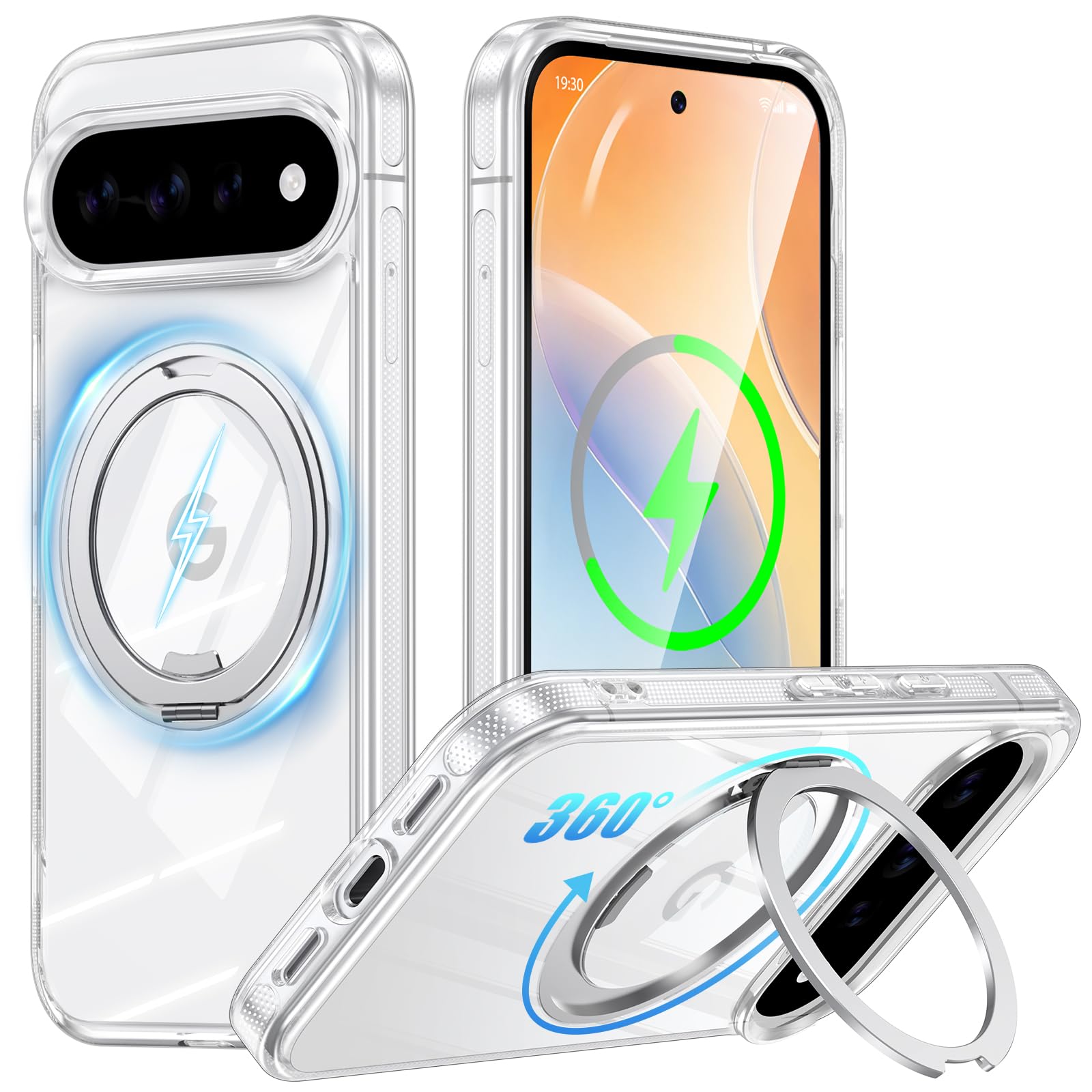 OURJOY Google Pixel 11/11 Pro 用 ケース MagSafe対応 360度回転スタンド 縦横対応 全身透明 耐衝撃「クリア」