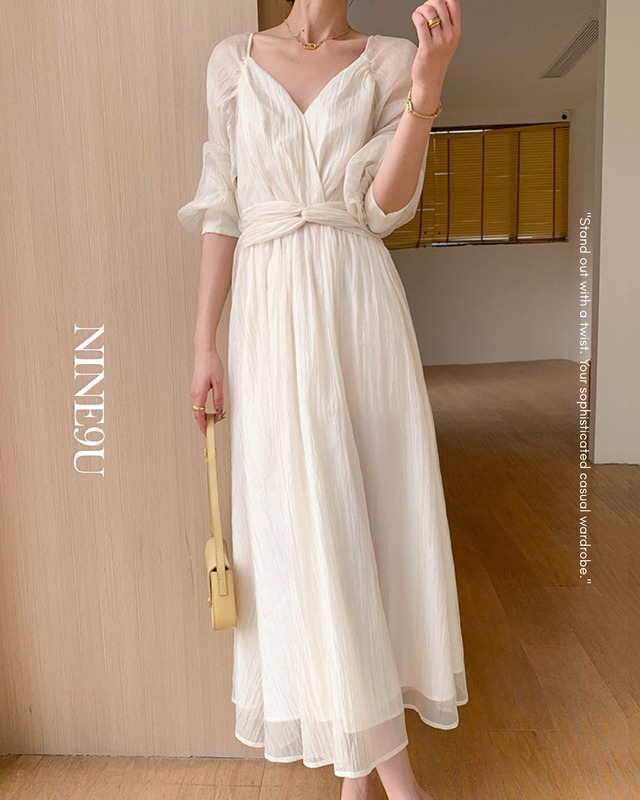 v-neck belted waist one-piece【NINE0178】