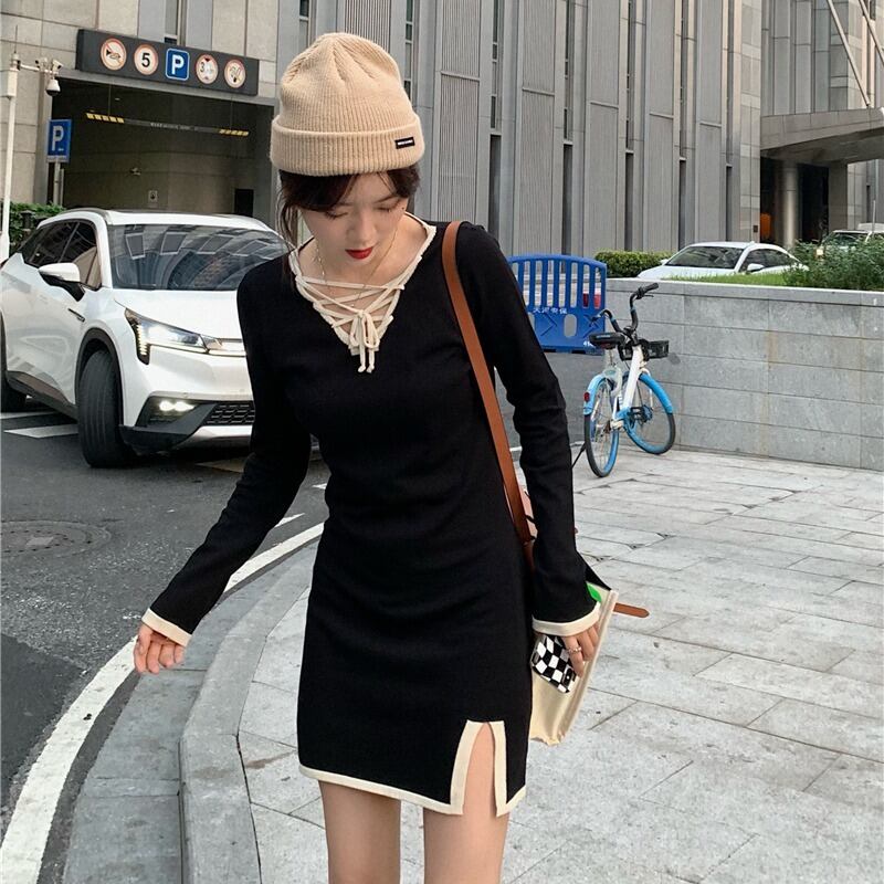 ドレス オータムウィンタースタイルVネックスリムニットスカート 秋物 冬物 1号婦人52720885338