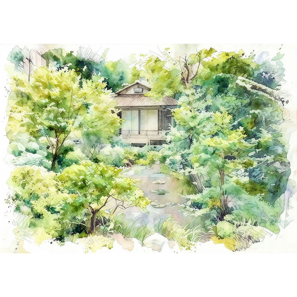 絵画 日本 京都寂光院の茶室「孤雲」の風景 インテリアアート額付き