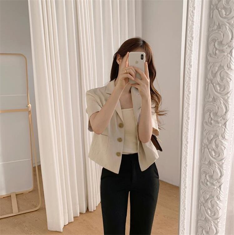 センスアップ 韓国ファッション 韓国 レトロ 気質 スリム 単体ボタン 半袖 コットン リネン スーツ