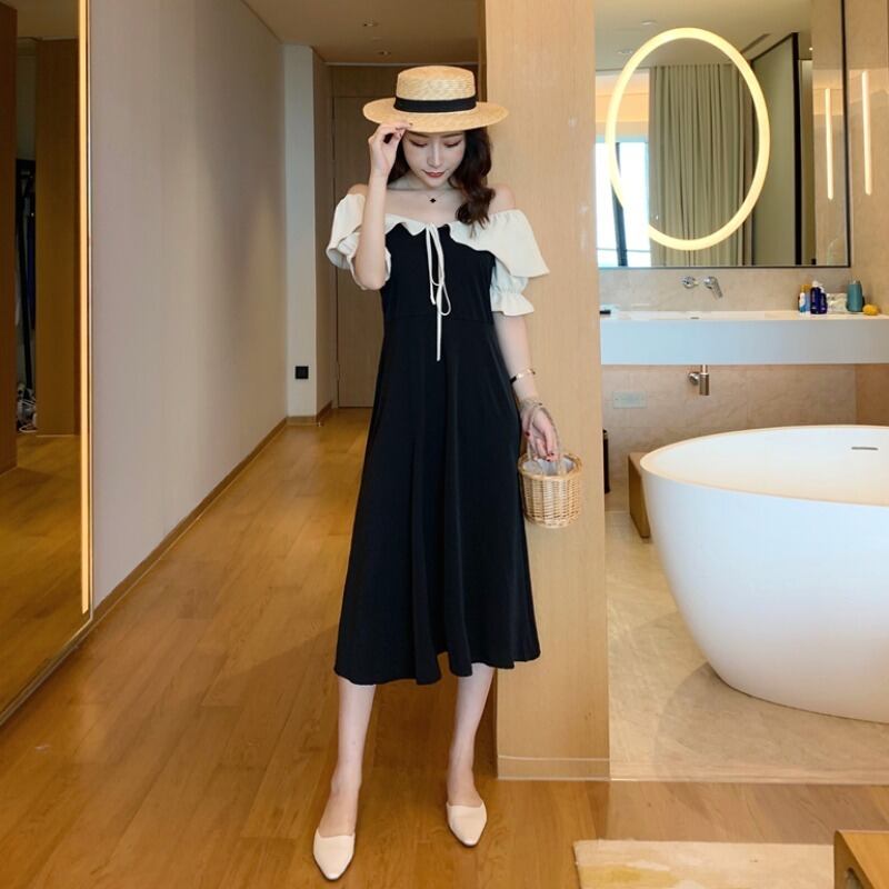 2020年春夏新作スーパーフェアリーフレンチニッチベルフラワーミドル丈スカートスーパーフェアリーカラーマッチング気質半袖ワンピース女性 1号婦人56896556924