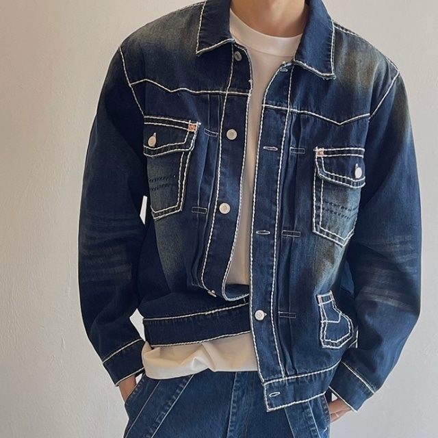 【予約販売】 ジージャン ブルゾン 長袖 ブルー デニム アウター ショート丈 Gジャン ウォッシュ加工 メンズ 無地 お洒落 こなれ感 韓国 ベーシック 秋 冬 M/L/XL/2XL