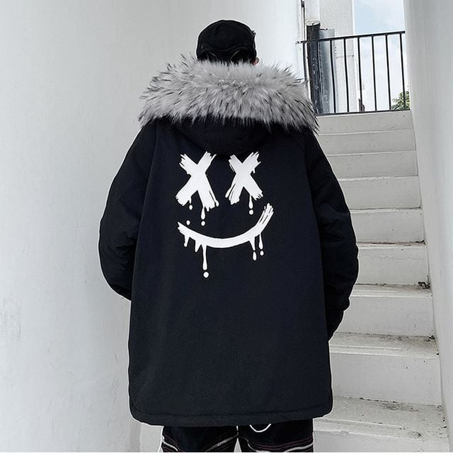 【予約販売】ロングダウンコート アウター バッグプリント ミディアム丈 メンズ ファーフード付き ブラック グレー 防寒 お洒落 こなれ感 ベーシック 秋冬 大きいサイズ M/L/XL/2XL/3XL/4XL/5XL