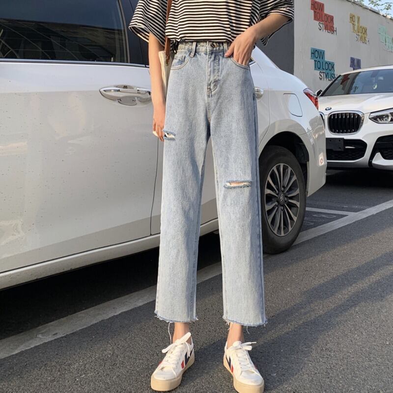 破れたパンツ女性2020年新夏ルーズハイウエストスリムストレート9点パンツ学生カジュアルジーンズトレンド 1号婦人19753499400