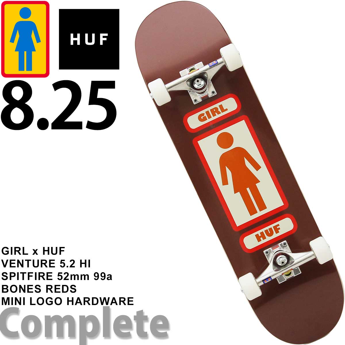 ガール ハフ 8.25インチ 限定コラボ スケボー コンプリート ベンチャートラック 完成品 Girl Huf Skateboards
