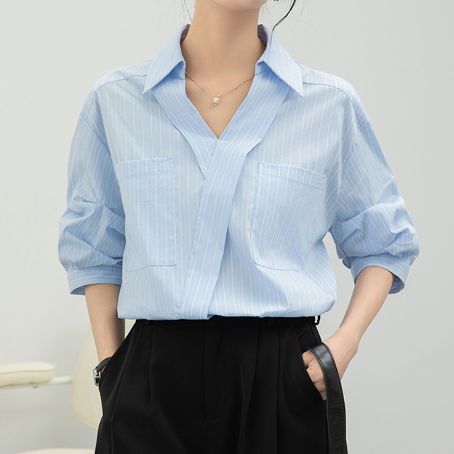 アシンメトリーストライプユーティリティシャツ U0487