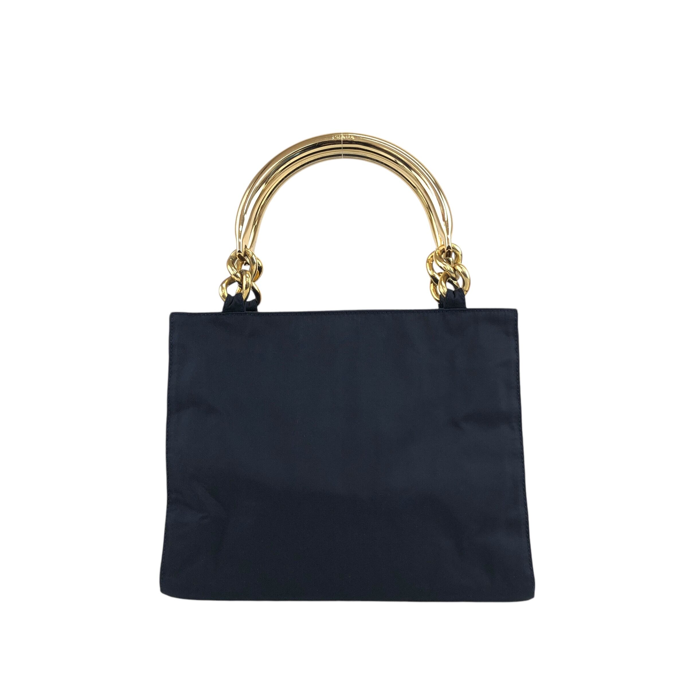 PRADA プラダ メタルハンドル ナイロン ハンドバッグ ダークネイビー PRADA プラダ ハンドバッグ ネイビー トライアングルロゴ ナイロン