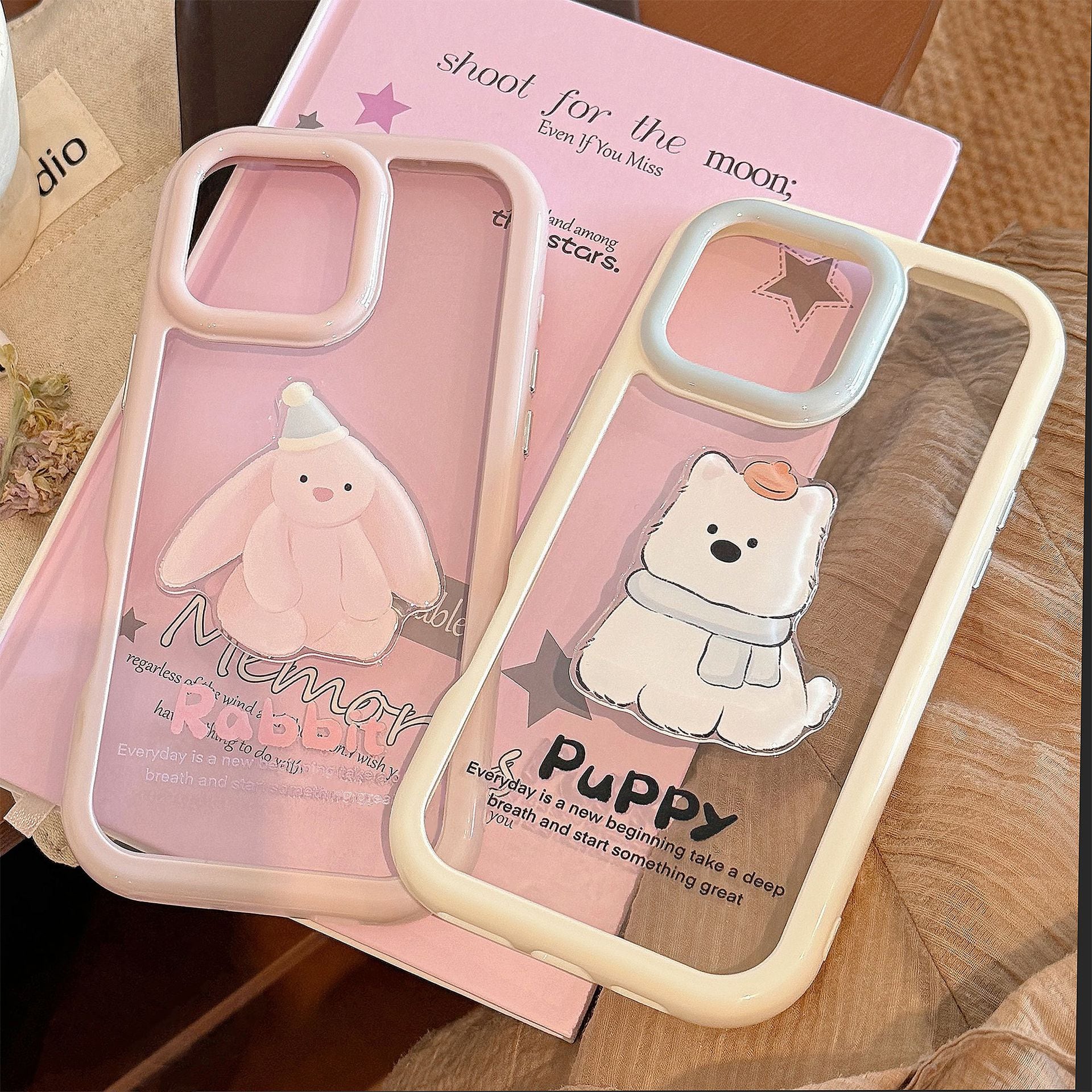 可愛すぎます!PuppyとRabbit◎クリアケース マスコット iPhone16 ラヴィット 癒し系 犬 うさぎ スマホケース ND-16309