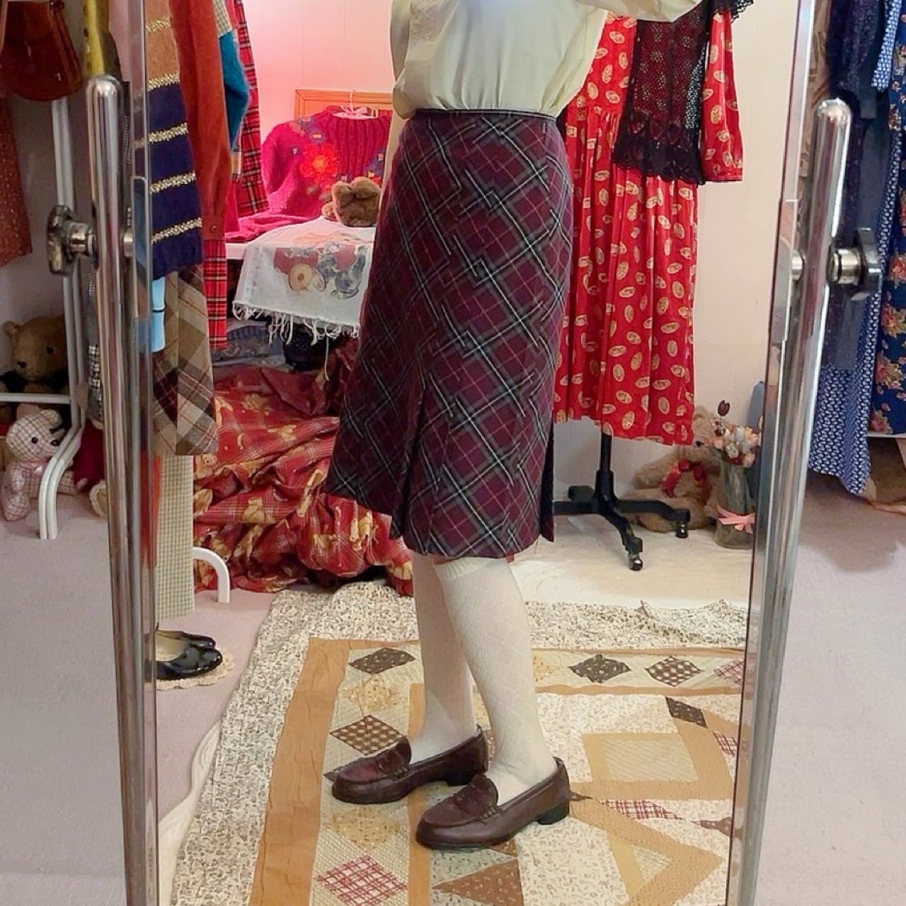 purple gray check tuck skirt
