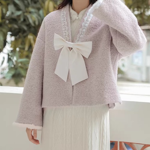 2色／Vネックビッグリボンコート ・9519