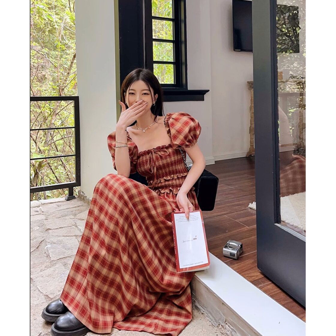 送料無料】 フレンチレトロなワンショルダーチェック柄チューブトップ  