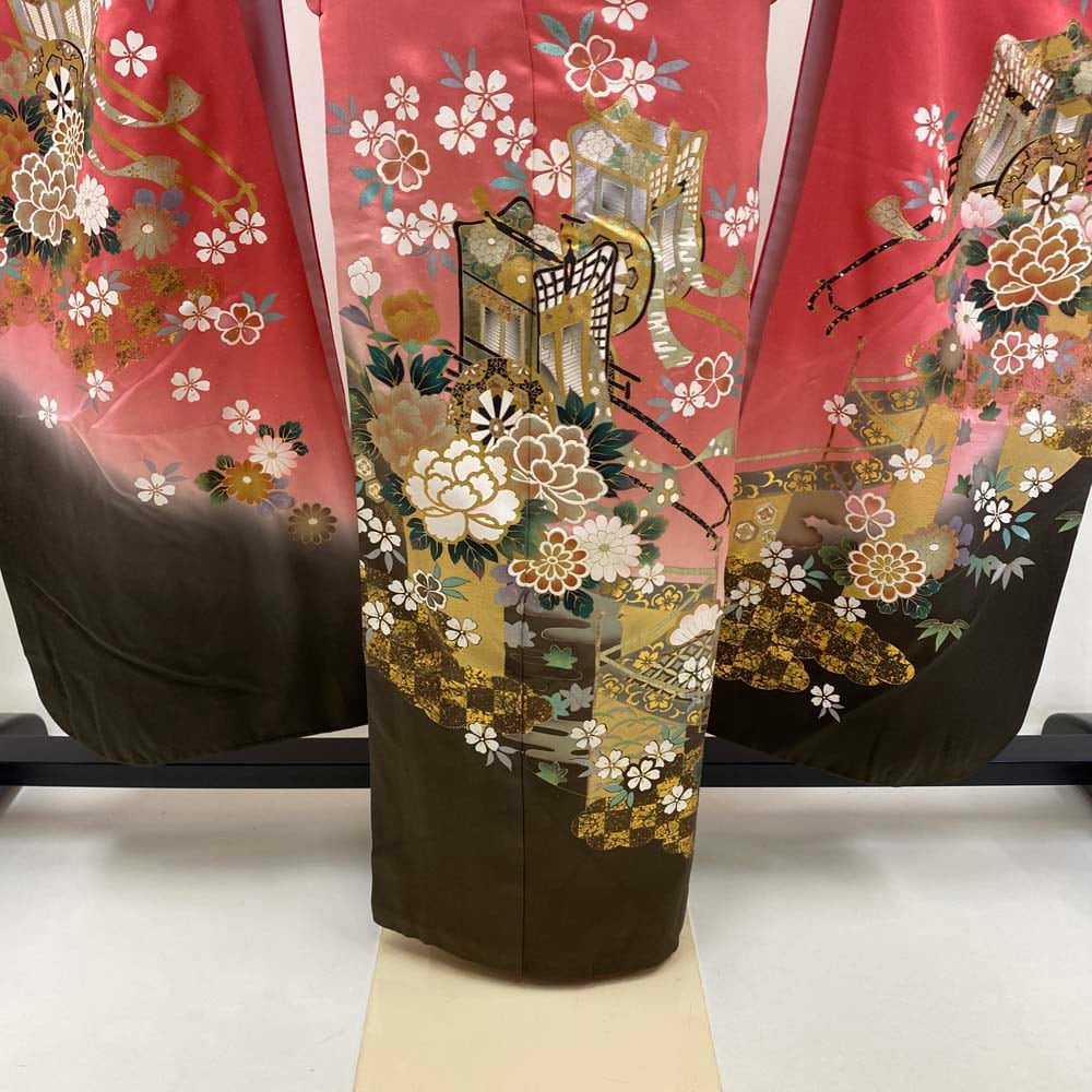 振袖 中古 ピンク 黒 正絹 古典 裄67cm 身丈171.5cm 美品 L サイズ