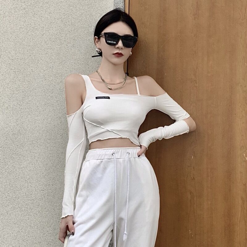 スタイルオータムショートクロップドハイウェストTシャツ スリムトップス 秋物 ハンチェンe16266411400