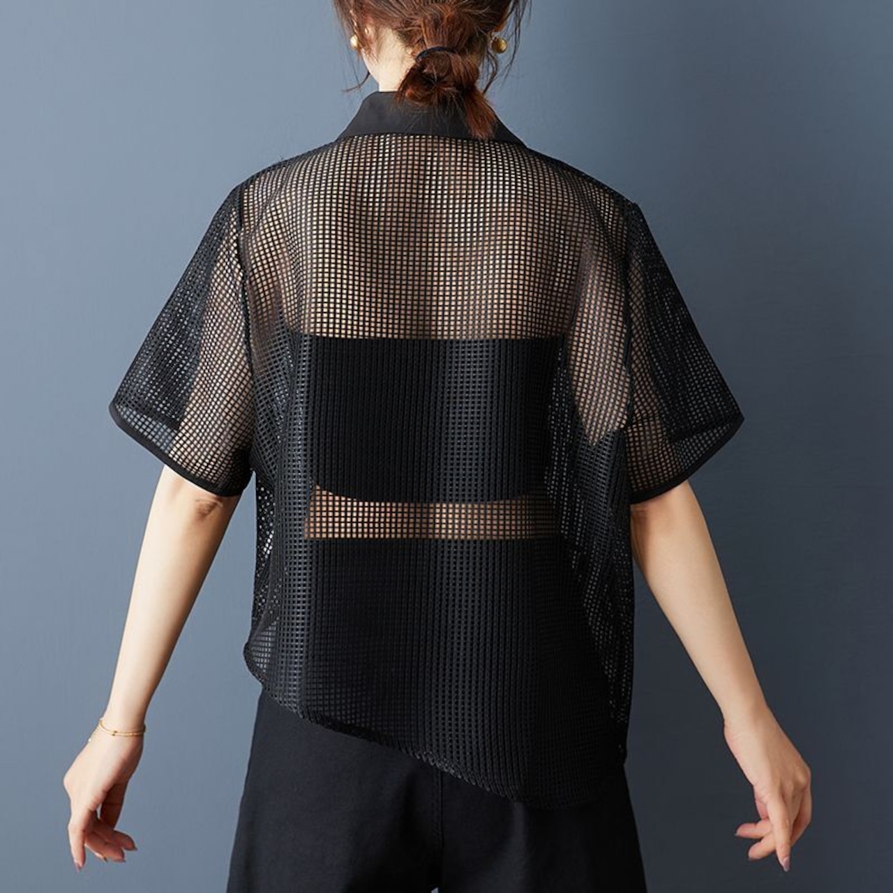 メッシュ素材 アシメントリックヘム シャツ30122