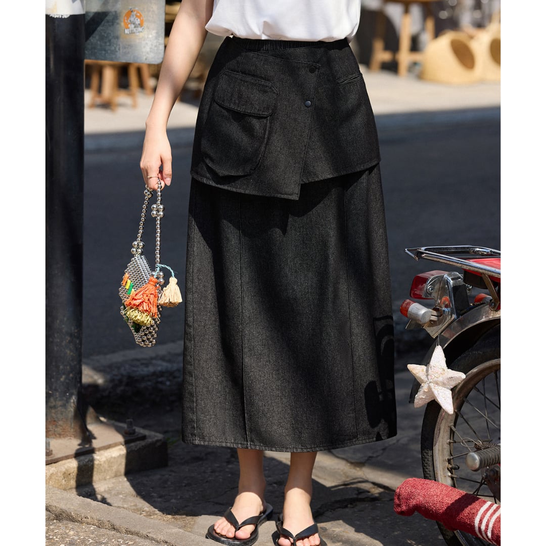 mid length black slit denim skirt