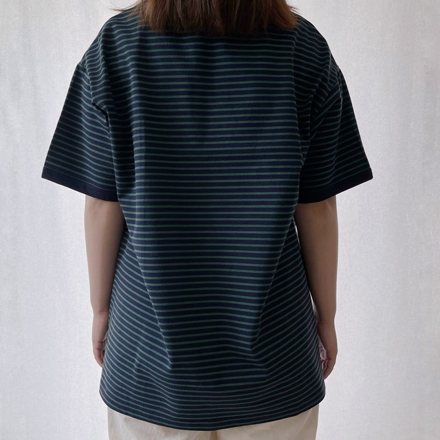 【ユニセックス】綿100％ オーバーサイズ ボーダーTシャツ｜ネイビー×グリーン｜画像3