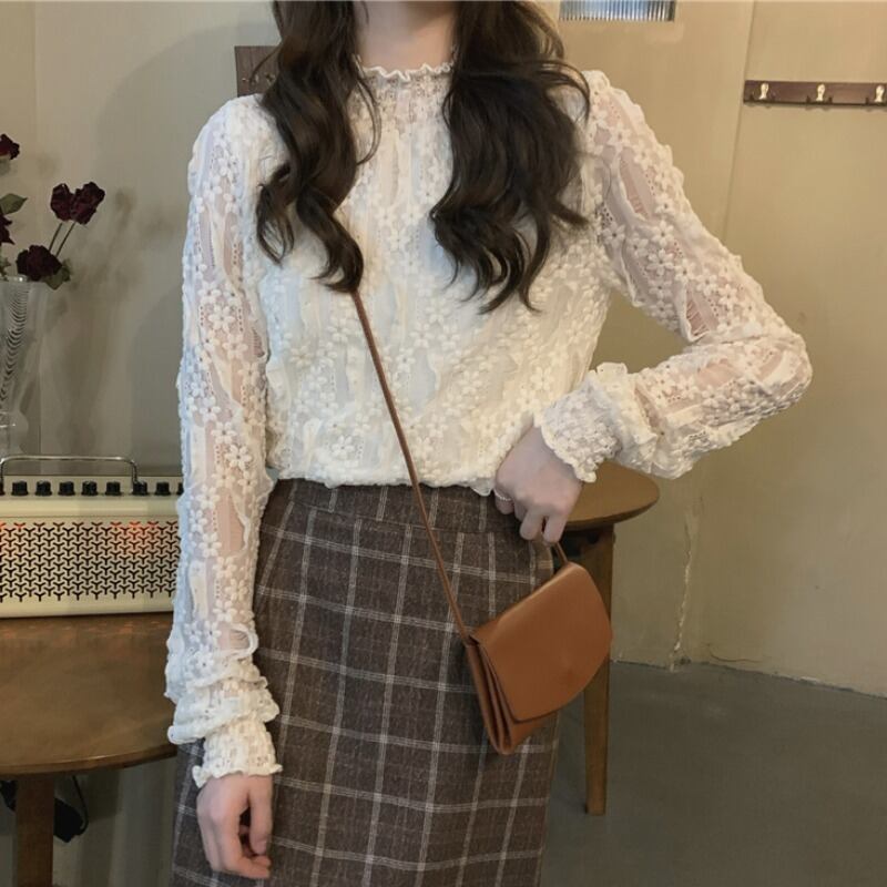 カラーレースシャツ オータムウィンターシフォントップス ロング 大人ガーリー スウィート キュート カジュアル 秋物 冬物 YY-ファッション25791453097