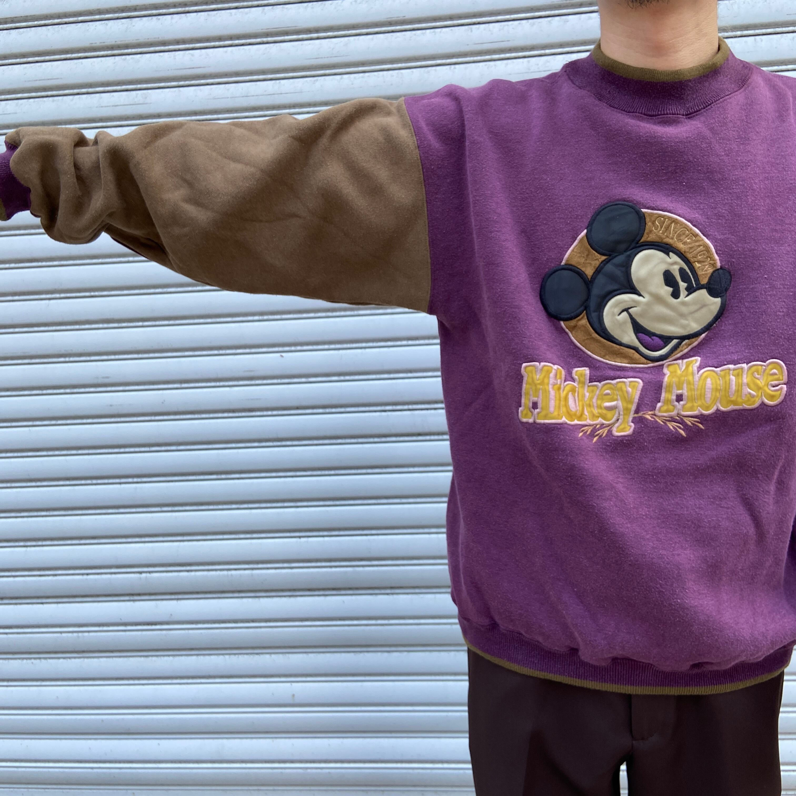 90s Disney ミッキー切替スウェット 刺繍デザイン キャラ 紫 SM 90s Disney ミッキー切替スウェット 刺繍デザイン キャラ 紫 SM
