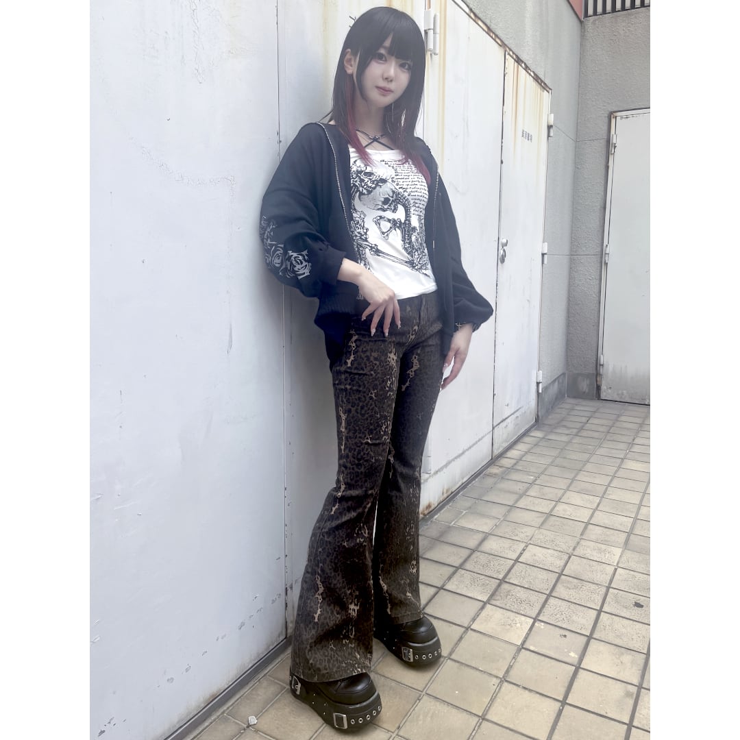 GRANCY】レオパードダメージフレアパンツ ブラック s パンツ デニム