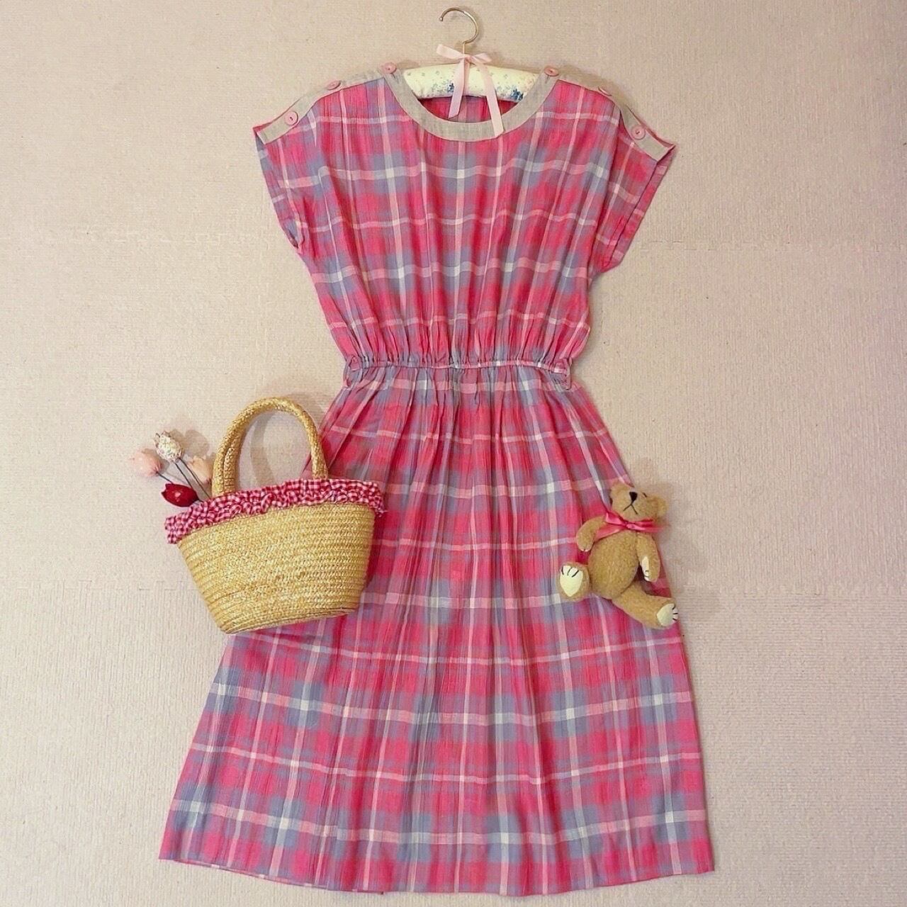 pink gray check button one-piece