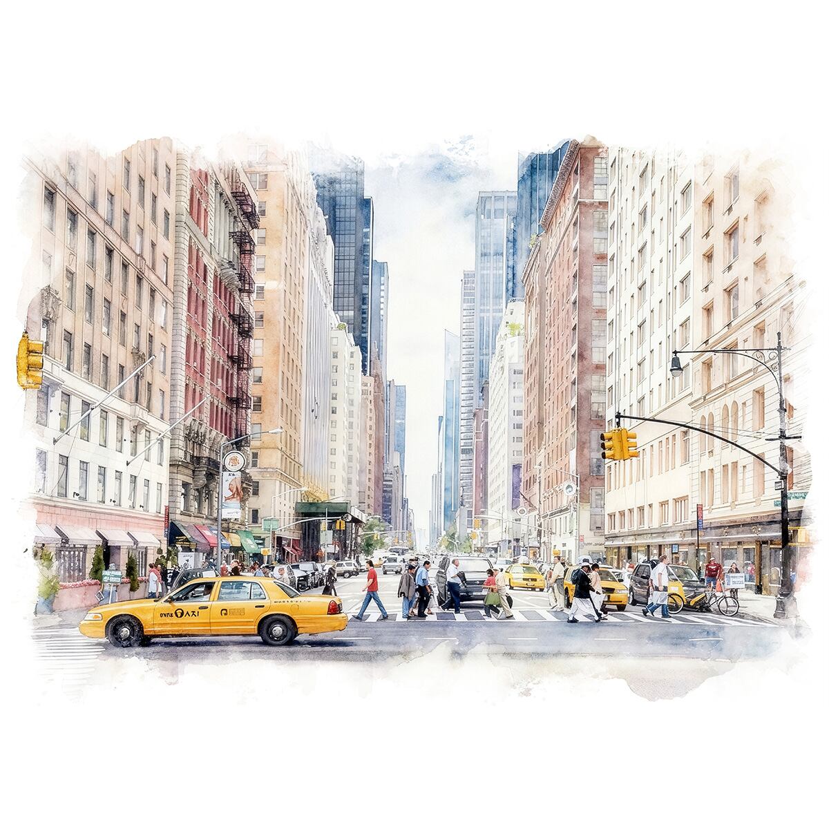 絵画 アメリカ 風景画(街並み) ニューヨークとイエローキャブ インテリアアート額付き 水彩画・油絵調 WAT0242