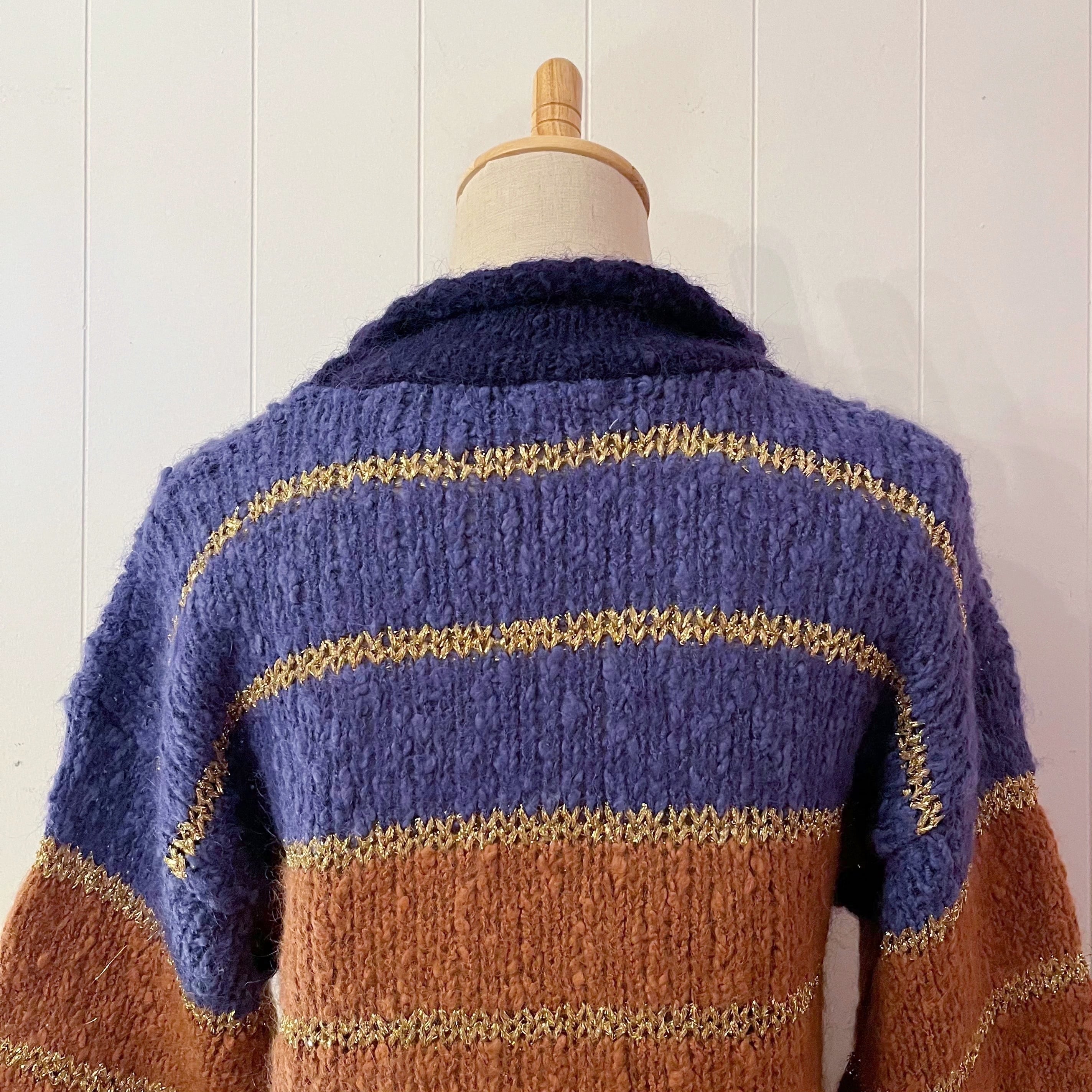 purple lame gold high necked sweater