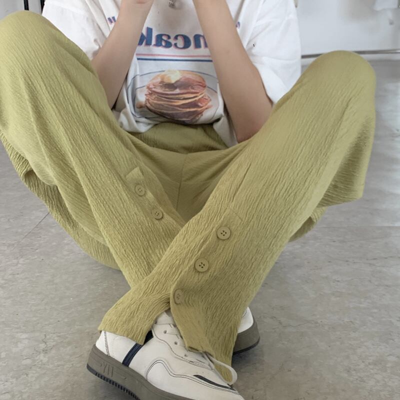 グリーンパンツ サマー薄手ハイウェストウェストルーズカジュアル 夏物 試着室21973780165