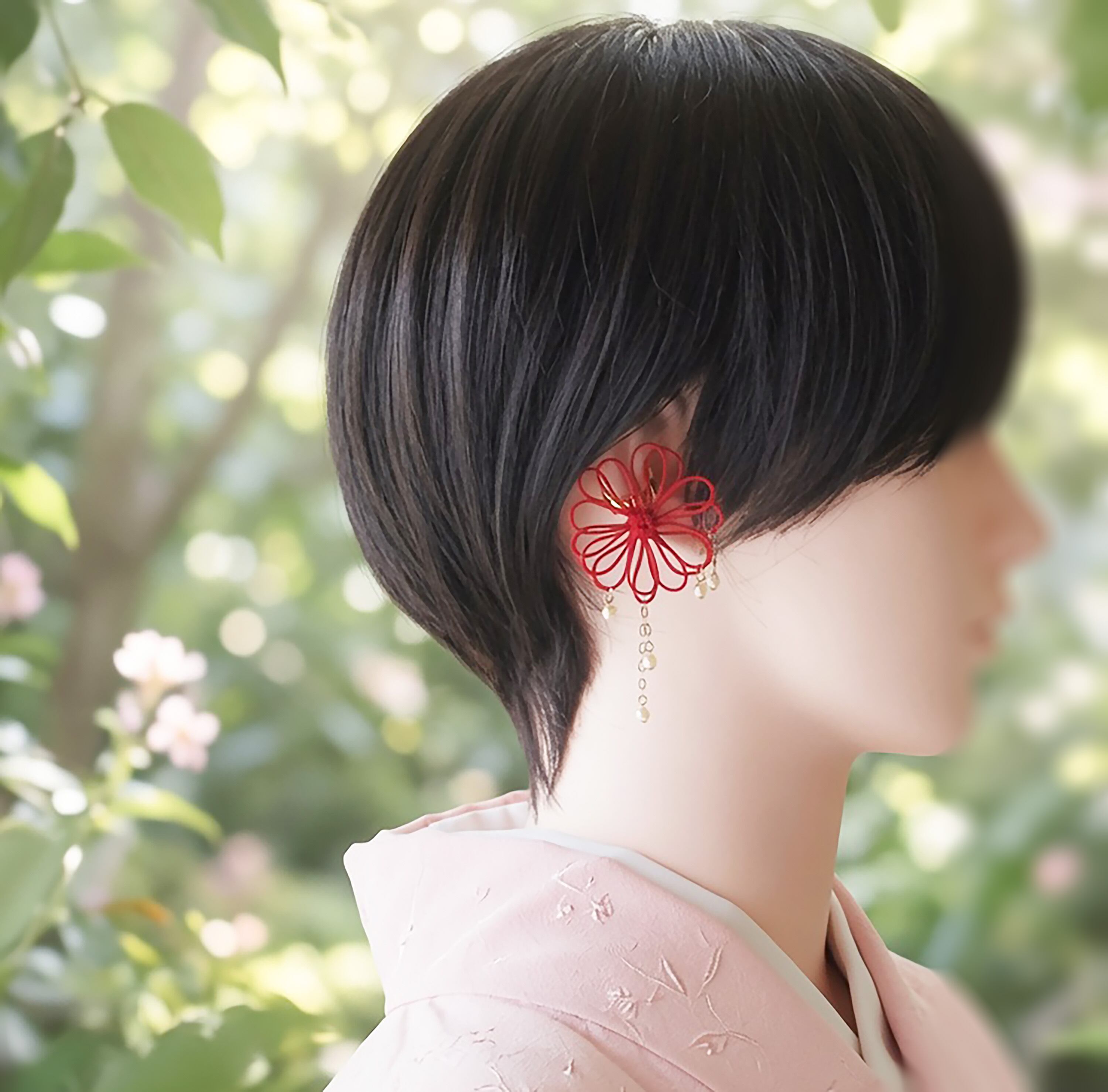 飾り結びかたっぽイヤーカフ「高ク輝ク」【軽量】+グラスパールで浴衣・着物・洋服に。