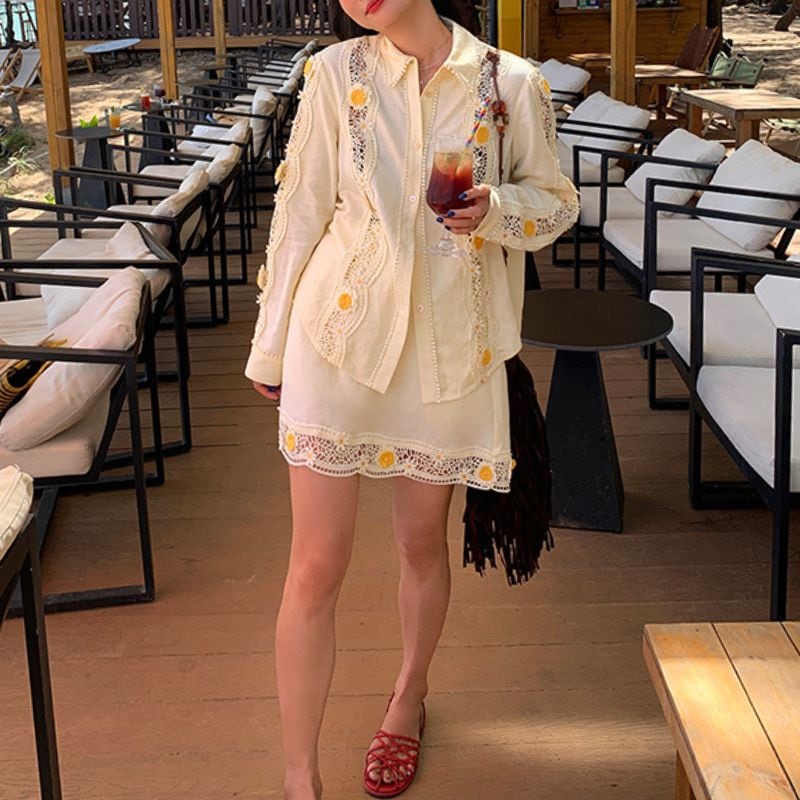 【SET UP可】Crochet detail floral mini skirt 00431