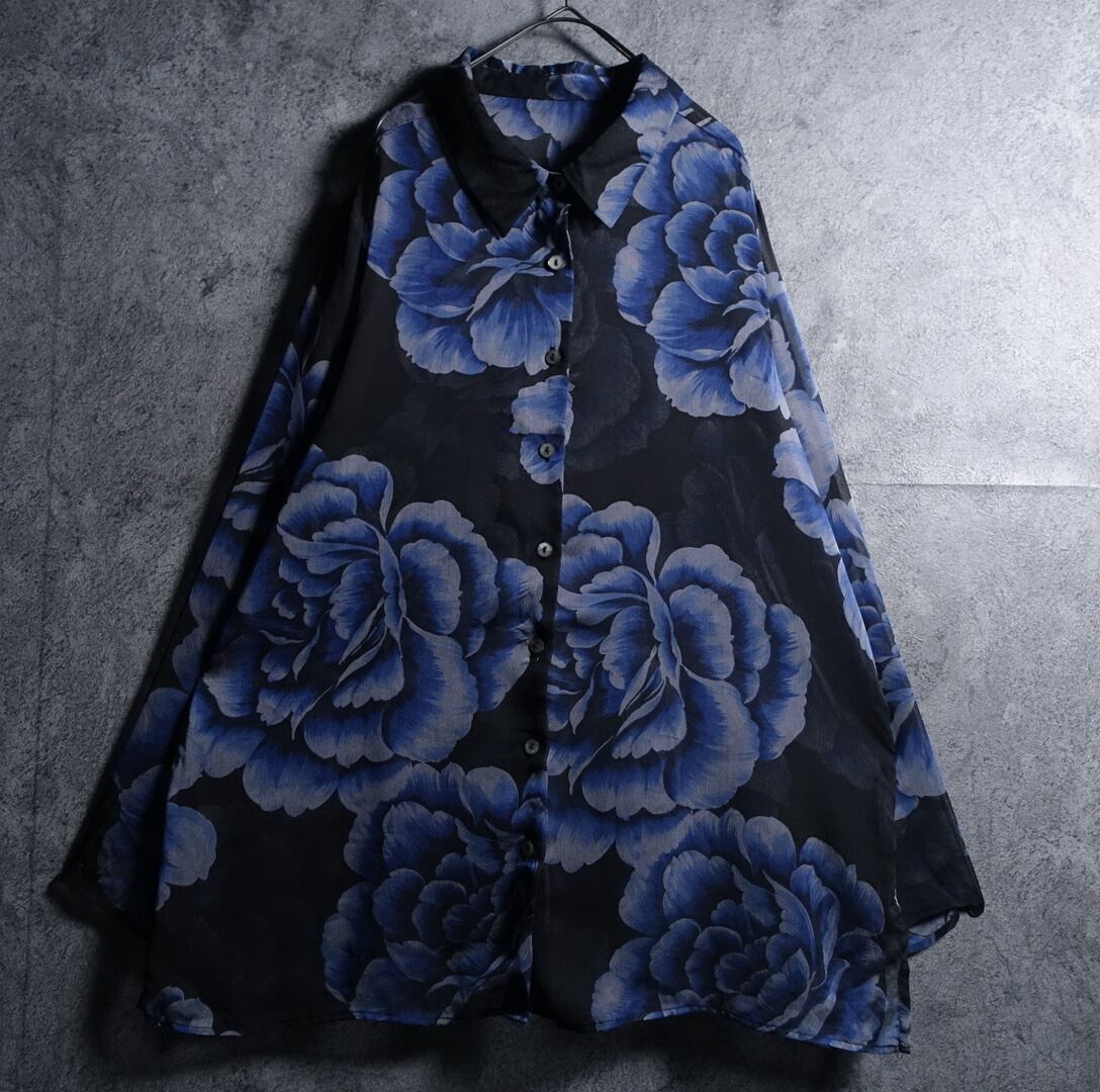 Black Rose Motif Design See-Through Shirt