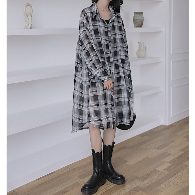 Chiffon Long Check Shirt KRE1756