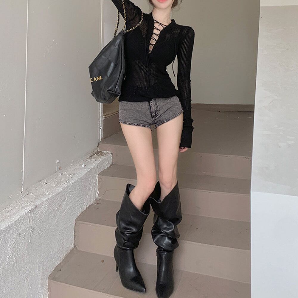 【送料無料】 Vネック レースアップ ニット トップス 長袖 レディース 春秋 韓国 肌見せ きれいめ 大人 かわいい おしゃれ 薄手 透け感 大人可愛い 大人女子