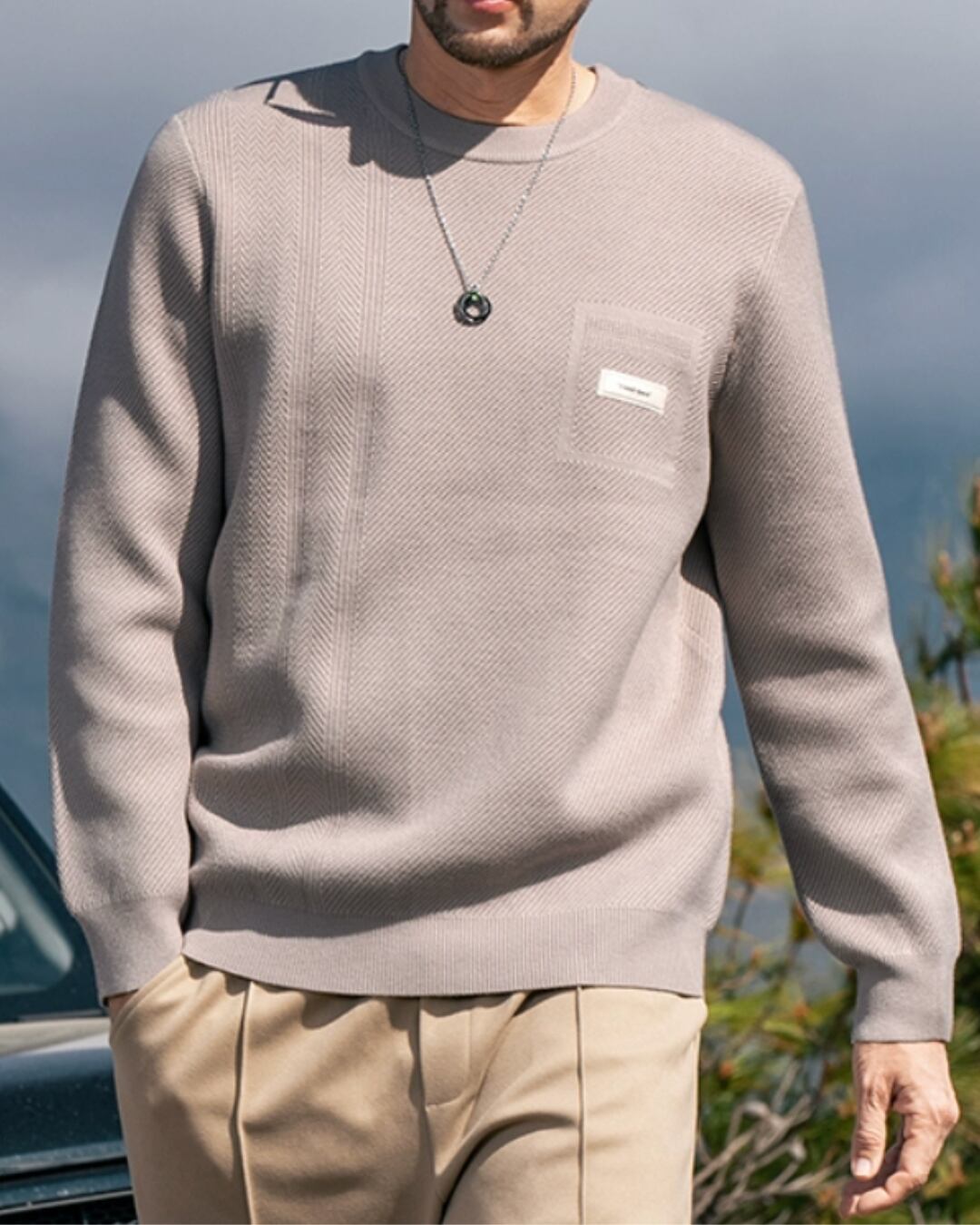 パッチポケットデザイン クルーネックニット 5色 E0212