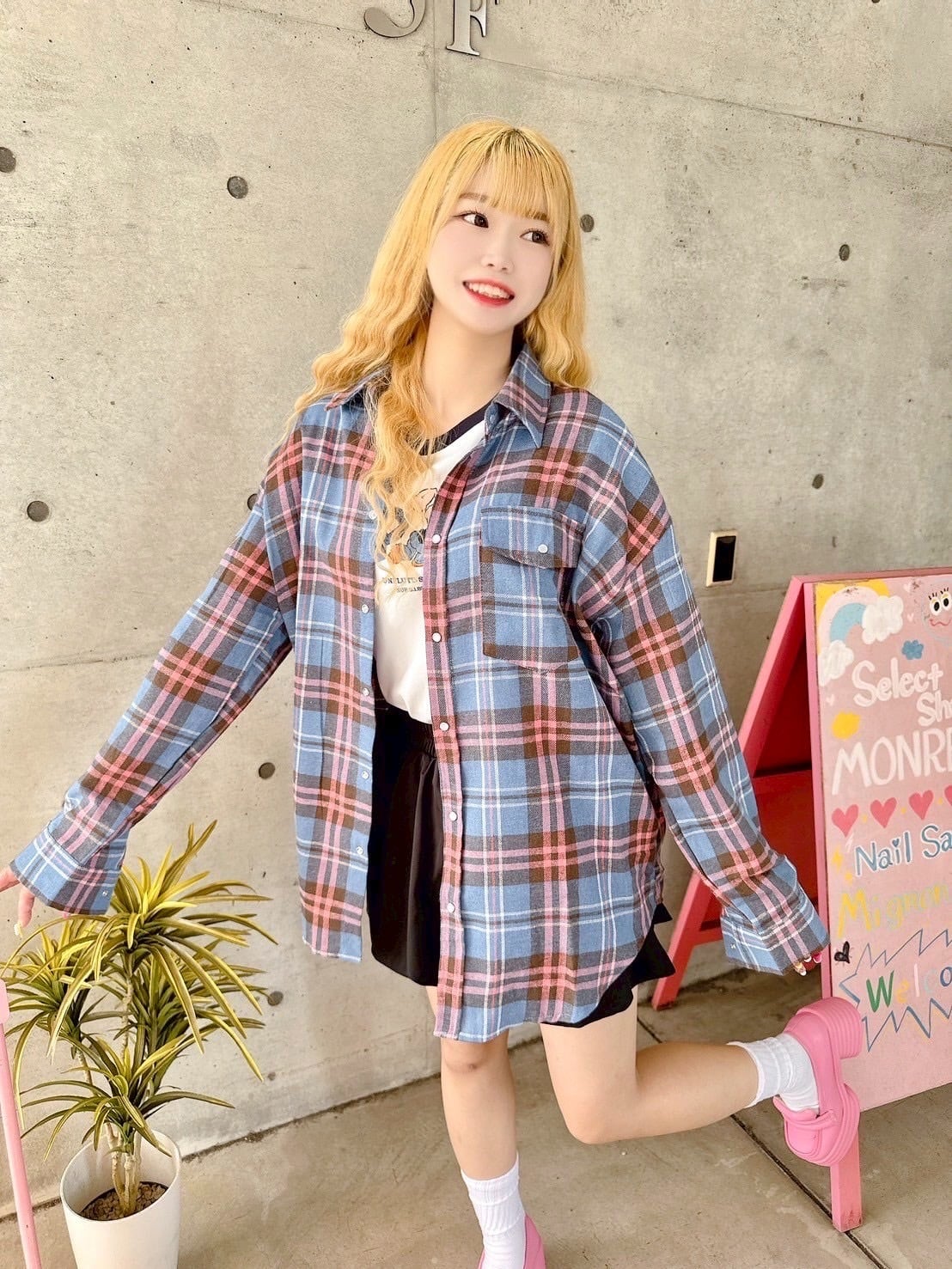 Blueギンガムチェックシャツ/韓国/レディースファッション/可愛い/おしゃれ/ラフ/カジュアル/春/秋(2-058)