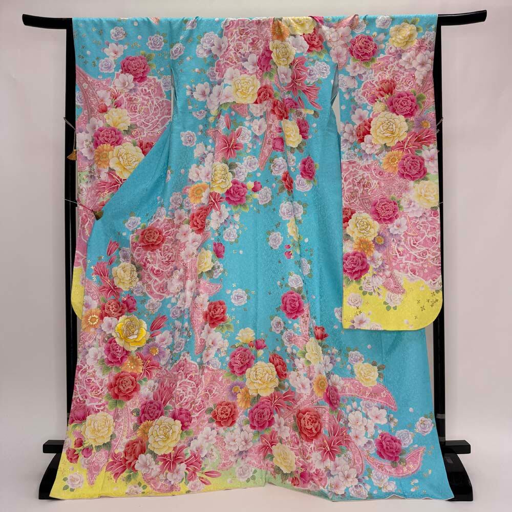 振袖 中古 青 水色 正絹 古典 裄68cm 身丈172cm 美品 L サイズ 成人式 6727