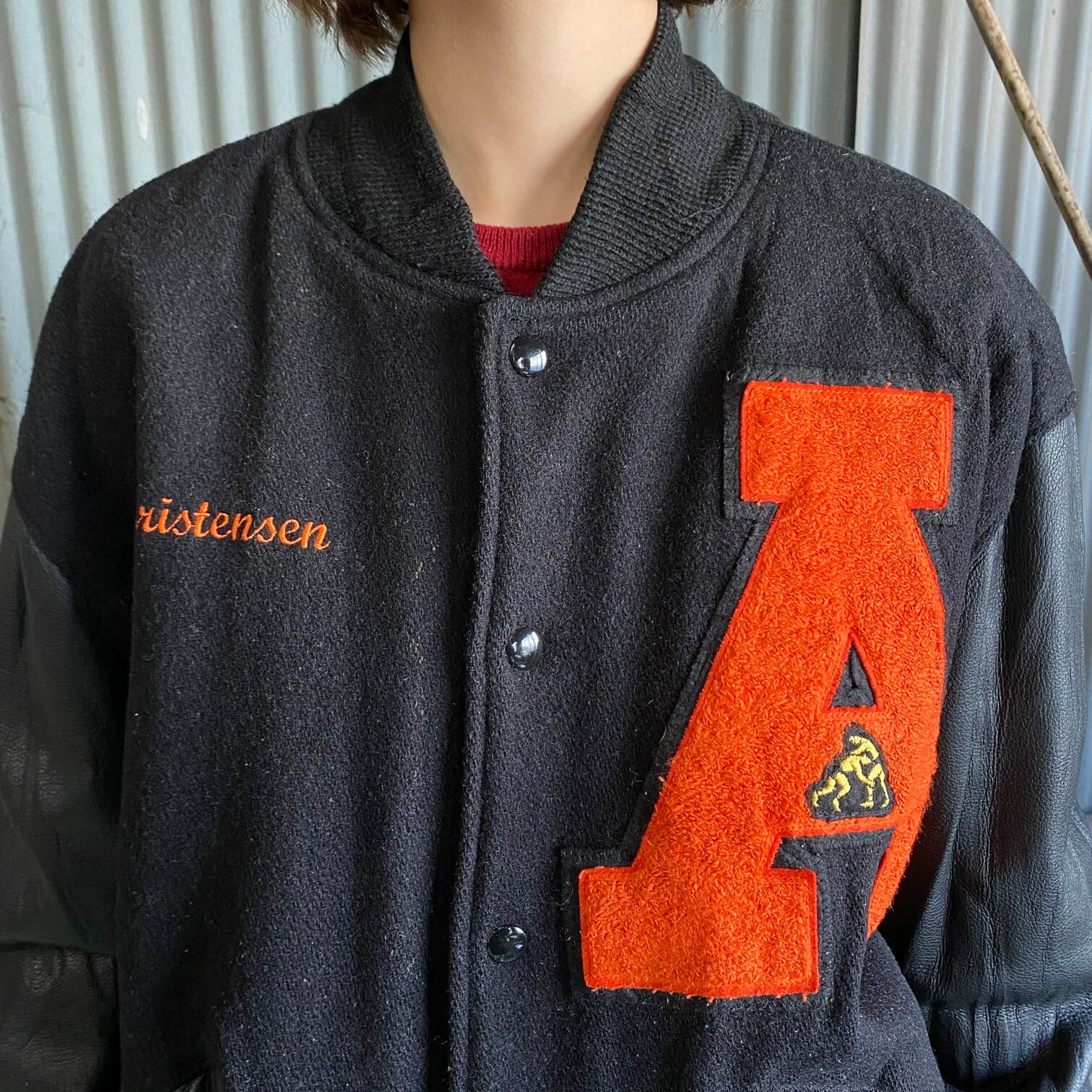 90年代 The Sports PAGE ワッペン 刺繍 袖レザー ウールスタジャン 