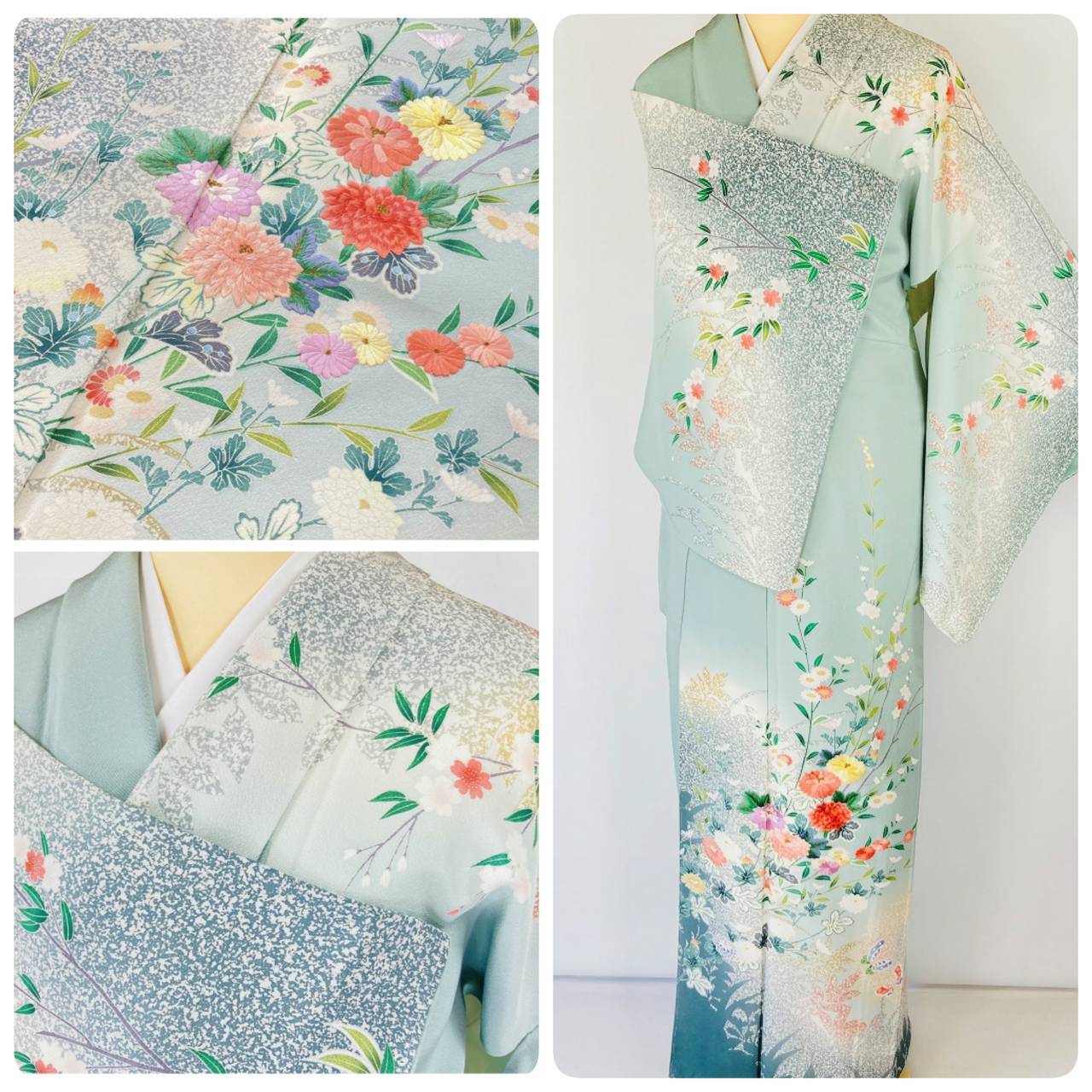 未使用 手刺繍 蒔き糊散らし 訪問着 正絹 黄緑 薄緑 白 ピンク 871