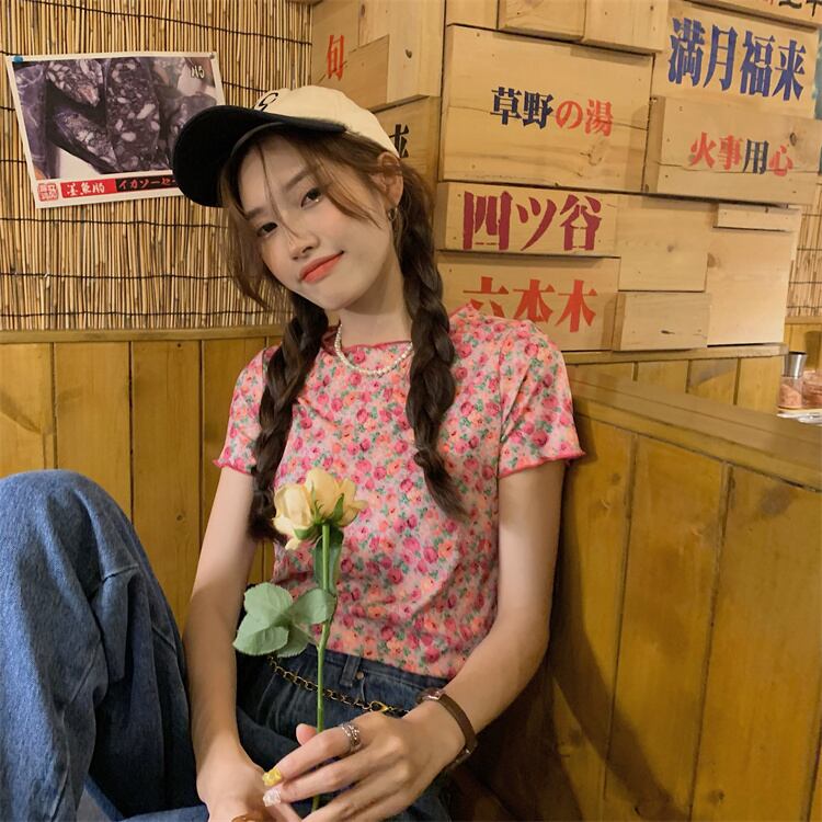 スタイルスリムスタンダードフローラルTシャツ ブラウス サマー レトロ 夏物 花柄 ドラファッションホール42484957391