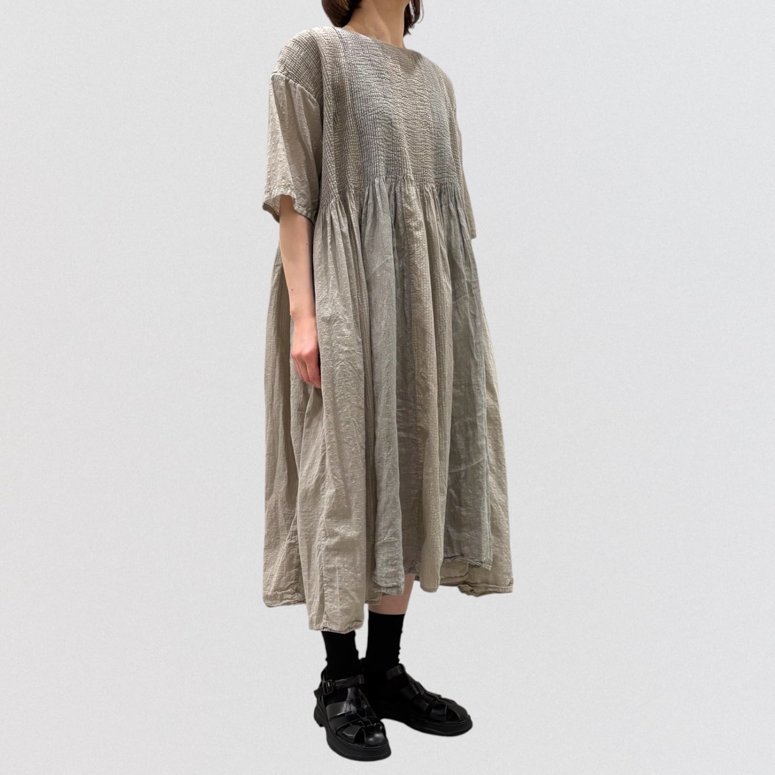 【新品タグ付】maison-de-soilコットンリネン パッチワークワンピース maison de soil 80s ORGANIC COTTON/80s LINEN PATCHWORK OVERDYE CREW