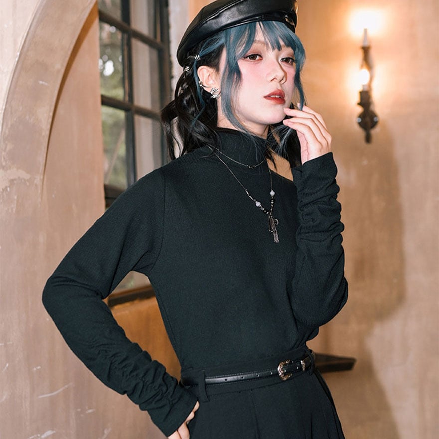 漆黒に結ぶ静かな盤扣 2wayハイネック中華ゴシック長袖トップス