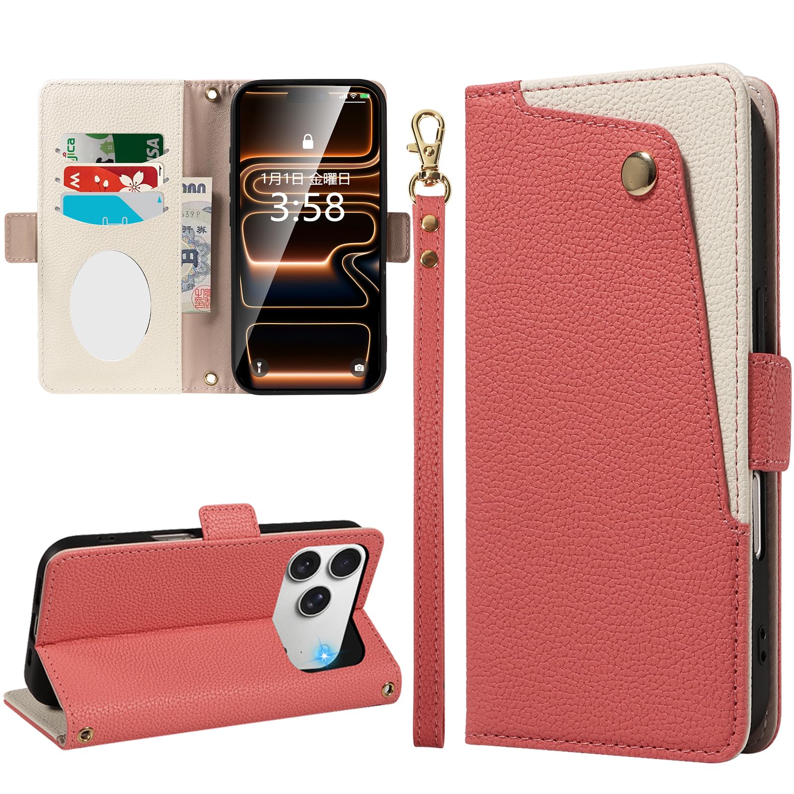 MINIKA iPhone 18 Pro Max/17 Pro Max 用 ケース 手帳型 ミラー付き ストラップ付き バイカラー(コーラルピンク)