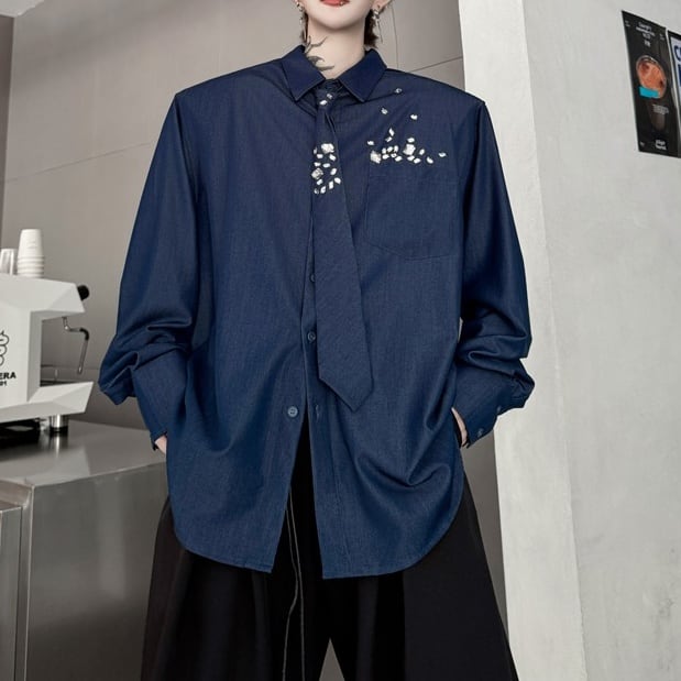 装飾タイ付きオーバーサイズシャツ 2color MTO0406