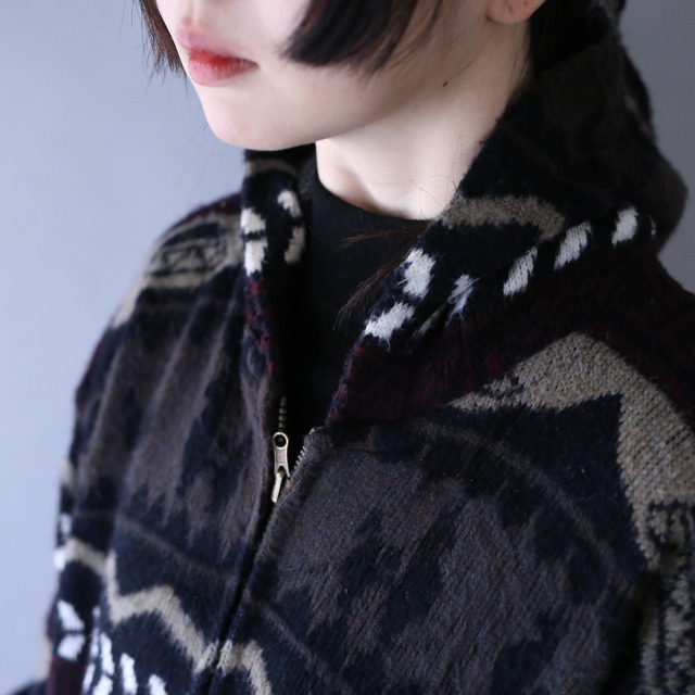 nordic pattern over silhouette zip-up hoodie ecuador knit